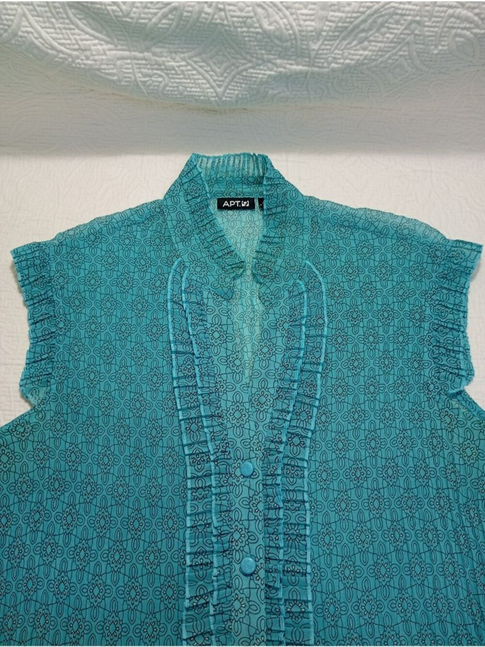 APT. 9 Womens XL Sleeveless Floral Ruffle Button-Down Blouse Sheer Teal Blue - Picture 5 of 8